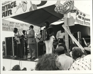 Clifton Chenier performs at Jazz Fest, 1975, photographer: Harriet Blum, Louisiana Image Collection LaRC-1081, Box 26, Folder 10, Tulane University Special Collections.