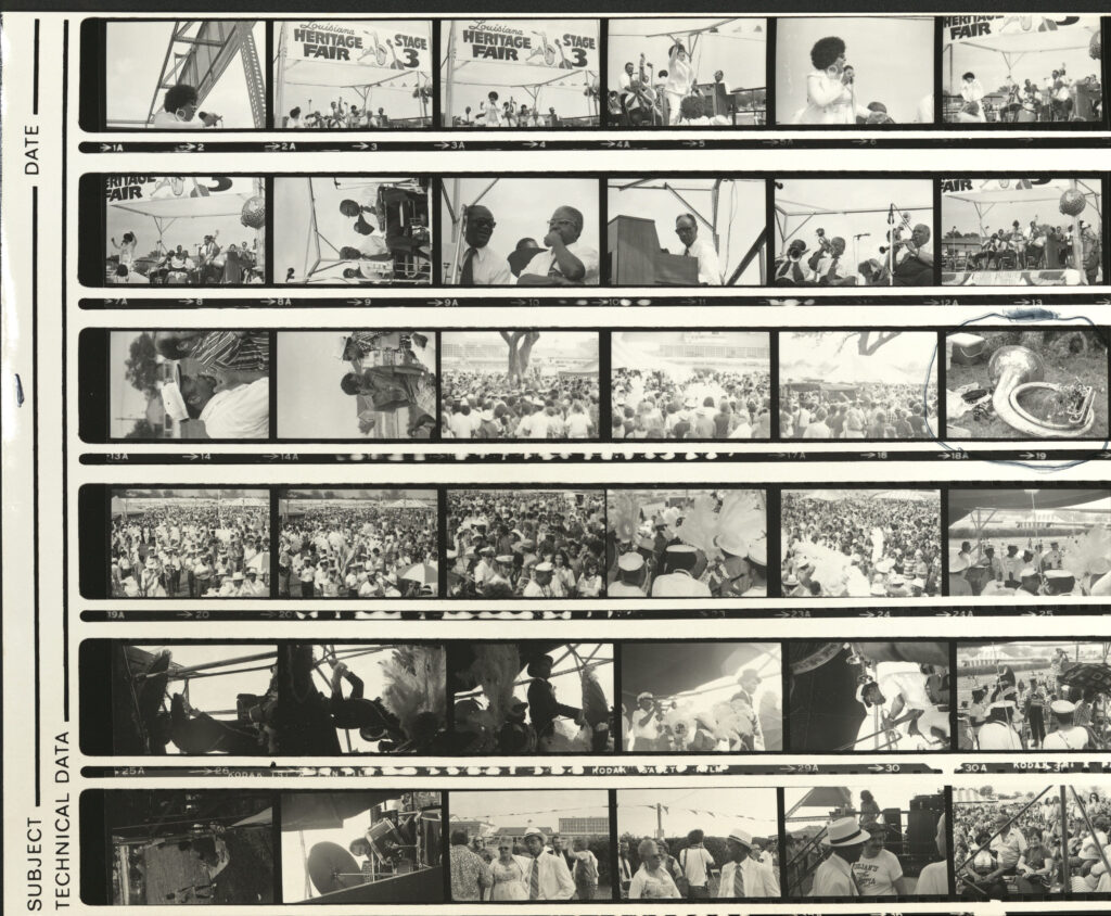 Proof sheet, Louisiana Heritage Fair Stage 3, with Onward Brass Band, Dance Band, Louis Cottrell’s Band, Danny Barker, and Blue Lu Barker, circa 1973, photographer unidentified, Mina Lea Crais collection HJA-060, 117.086, Tulane University Special Collections.