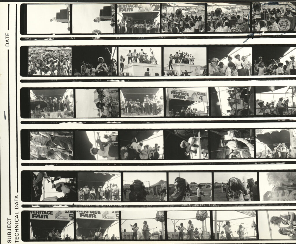 Proof sheet, Louisiana Heritage Fair Stages 2, 4, and 5, with the Fairview Baptist Church Band, Onward Brass Band, and Ed Garland, 1973, photographer unidentified, Mina Lea Crais collection HJA-060, 117.087, Tulane University Special Collections.