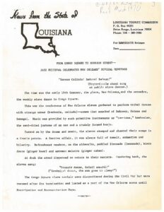 Page 1 of the Louisiana Tourist Commission press release about the inaugural New Orleans Jazz & Heritage Festival, produced by George Wein, March 1970, Hogan Archive vertical file, Tulane University Special Collections.
