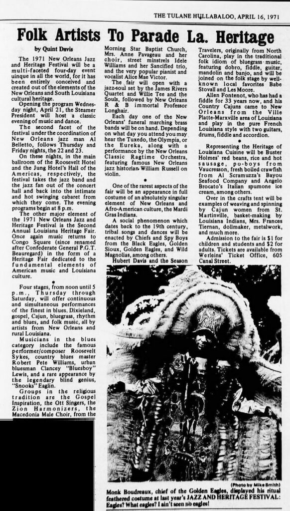 Jazz Fest article written by Quint Davis, The Tulane Hullabaloo, April 16, 1971, University Archives, Tulane University Special Collections.