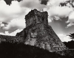 Black and white photograph of a stone temple