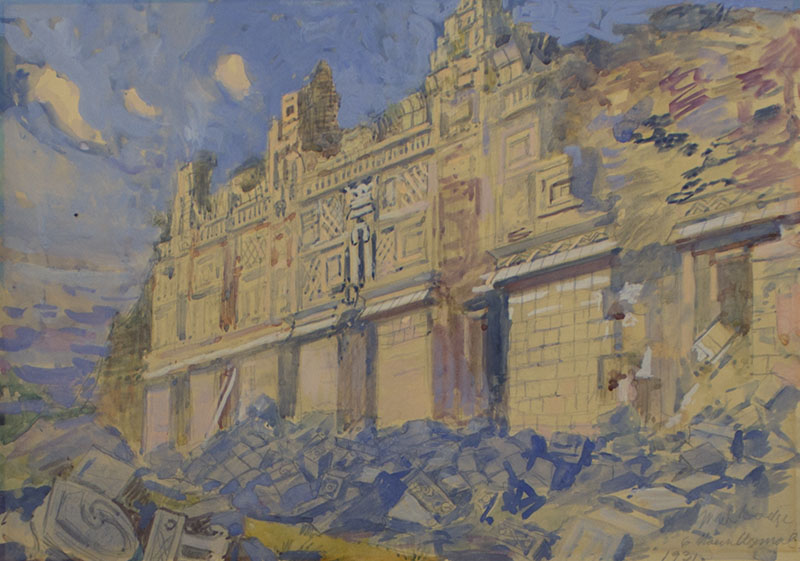 PaintingOfStoneBuildingFacadeWithGeometricCarvings