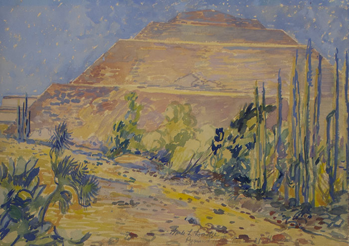 PaintingOfASteppedStoneTempleWithFoliageInForeground