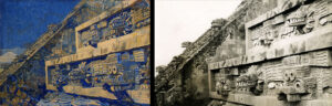 On left, a watercolor painting of carved stone animal heads framing the staircase of a temple structure; on right, a photograph of the same building.