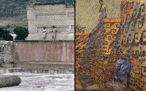 On left, photograph of two people standing against a stone wall with geometric panels above an empty courtyard. On right, a painting of two people among similar geometrically-decorated walls.