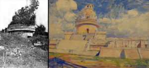 On left, photograph of an overgrown stone building. On right, a watercolor painting of the same building reconstructed.