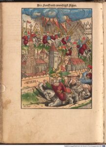 An illustration showing a Gog and Magog narrative, with a dragon slithering from the sky