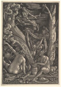 The “Witches Sabbath” is Baldung’s first of many woodcut prints depicting witches and macabre scenes.