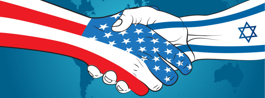 Handshake between hand with an Israeli flag and hand with an American flag