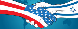Handshake between hand with an Israeli flag and hand with an American flag