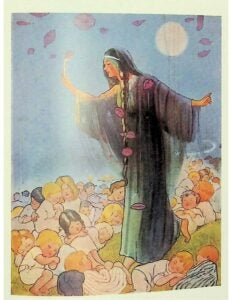 An illustration of a lady surrounded by sleeping children