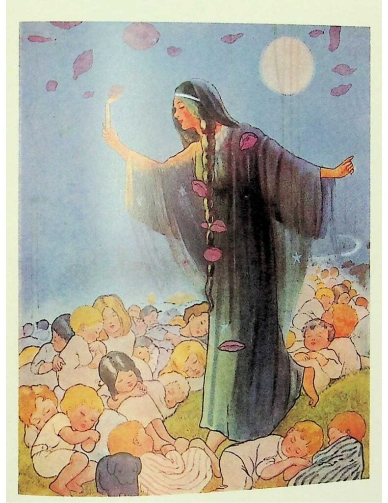An illustration of a lady surrounded by sleeping children