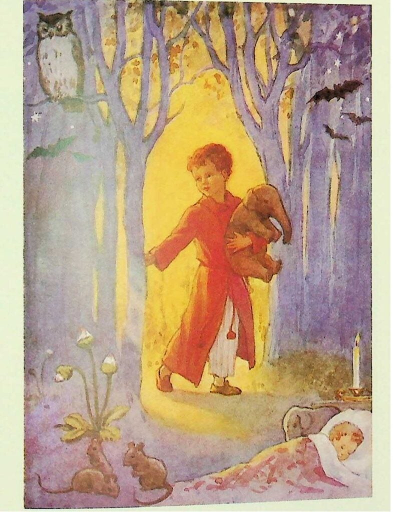 An illustration of a child in a red robe holding a stuffed elephant venturing into a forest while a child sleeps in bed at the foot of the illustration. There is also two mice, an owl, and bats.