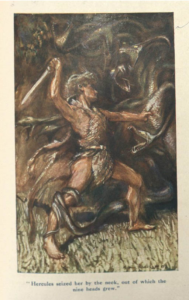 An illustration of "Hercules seizing the hydra by the neck, out of which the nine heads grew"