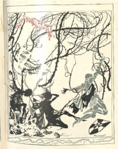 Illustration of a prince journeying to save sleeping beauty