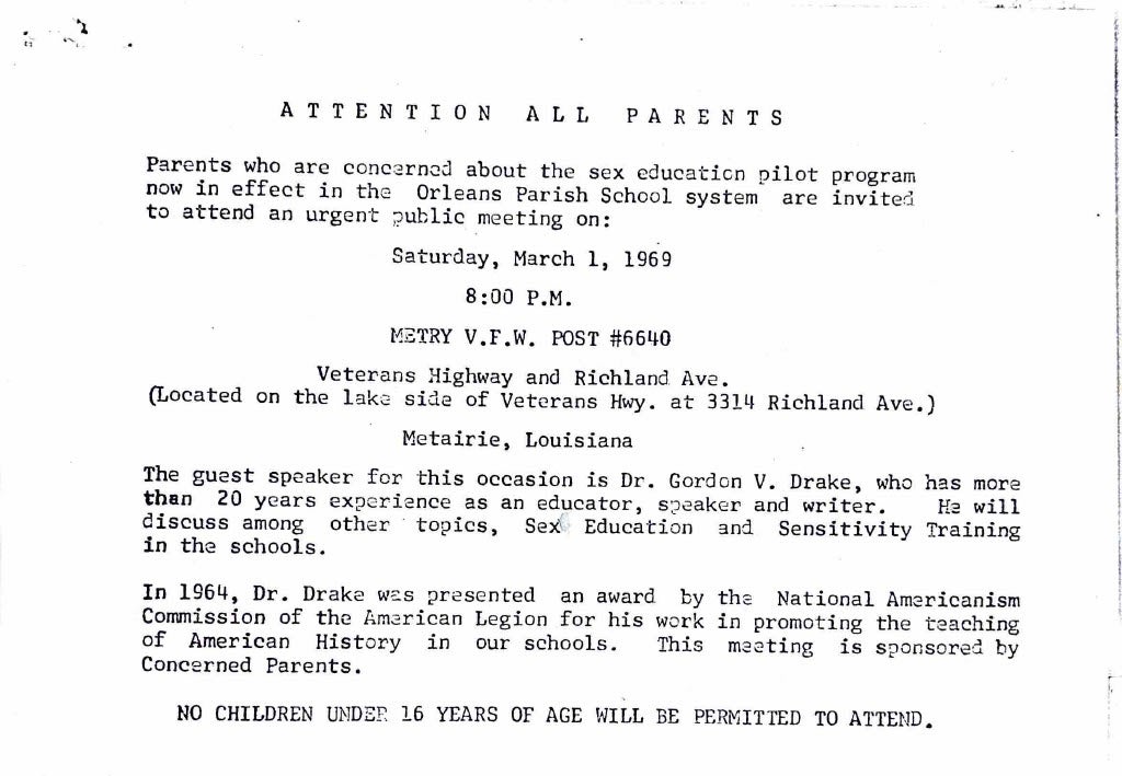 Invitation to parents to attend Dr. Gordon Drake lecture in 1969 in New Orleans. No graphics included in text.
