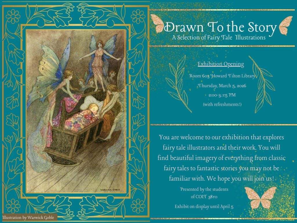 Invitation to the exhibit includes text and an image of fairies covering a sleeping child in a blanket.